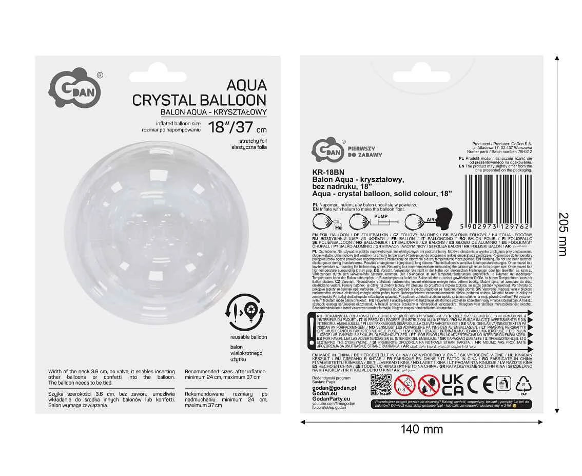 Balon Aqua - kryształowy, bez nadruku, 18" AA